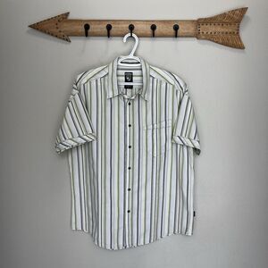 Kuhl | Suncel Button Up Shirt White & Green Striped Short Sleeve Large Tencel Bl